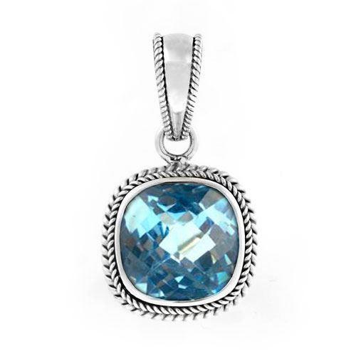 Sterling Silver Blue Topaz Quartz Faceted Cushion Rope Frame Pendant