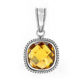 Sterling Silver Citrine Quartz Faceted Cushion Rope Frame Pendant