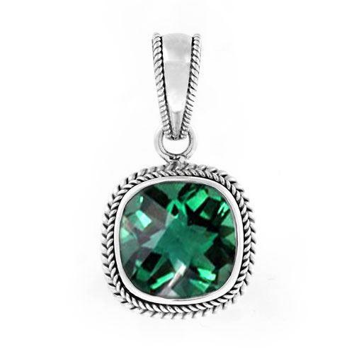 Sterling Silver Green Quartz Faceted Cushion Rope Frame Pendant