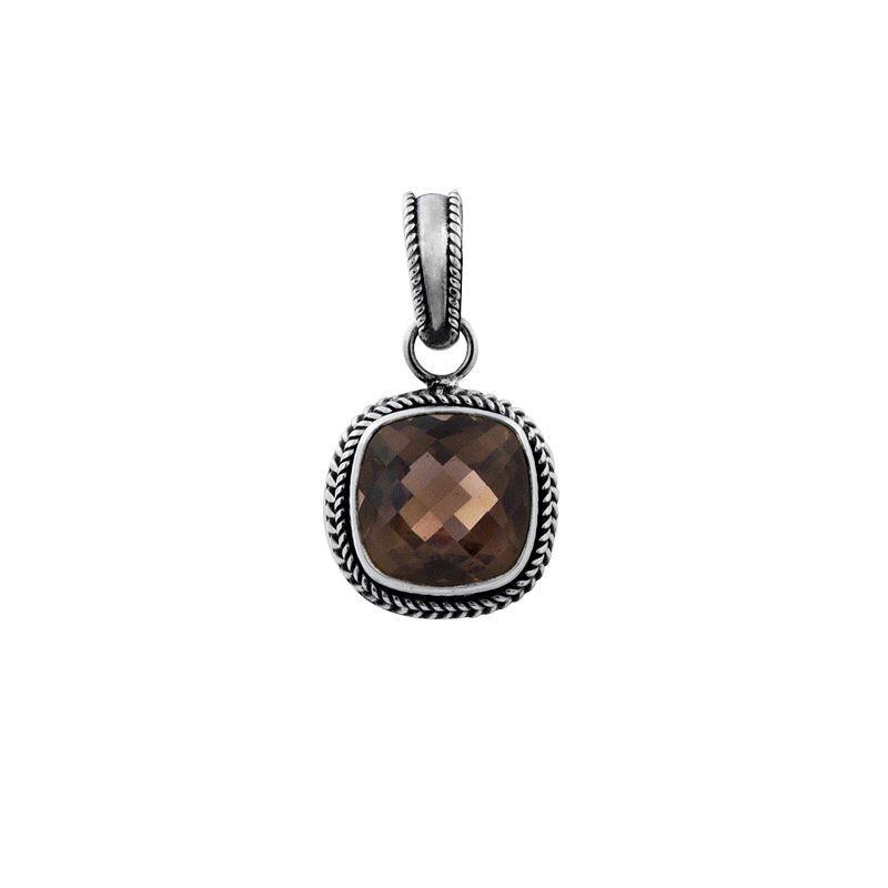 Sterling Silver Smoky Topaz Quartz Faceted Cushion Rope Frame Pendant