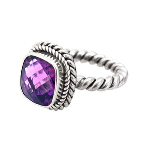 Sterling Silver Rope Band Ring With Amethyst Quartz Cushion Center