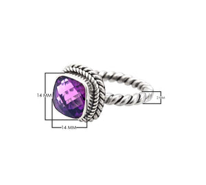 Sterling Silver Rope Band Ring With Amethyst Quartz Cushion Center
