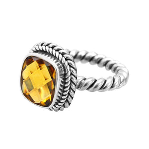 Sterling Silver Rope Band Ring With Citrine Quartz Cushion Center