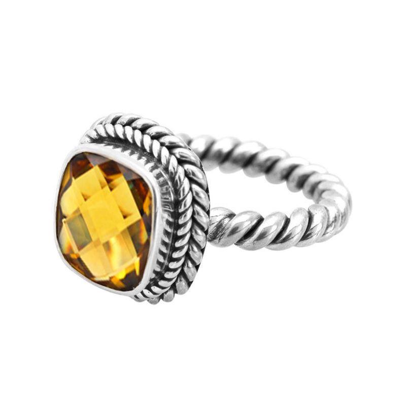 Sterling Silver Rope Band Ring With Citrine Quartz Cushion Center