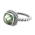 Sterling Silver Rope Band Ring With Green Amethyst Quartz Cushion Center