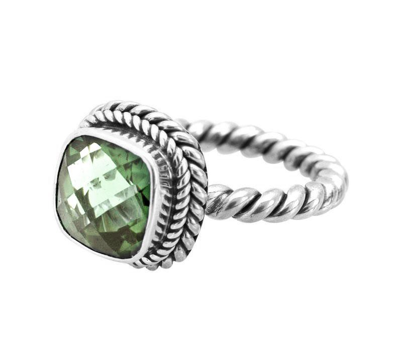 Sterling Silver Rope Band Ring With Green Amethyst Quartz Cushion Center
