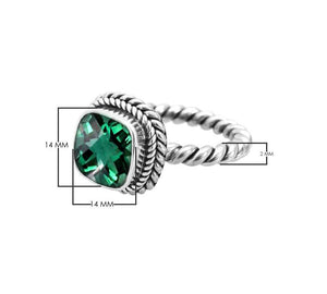 Sterling Silver Rope Band Ring With Green Quartz Cushion Center
