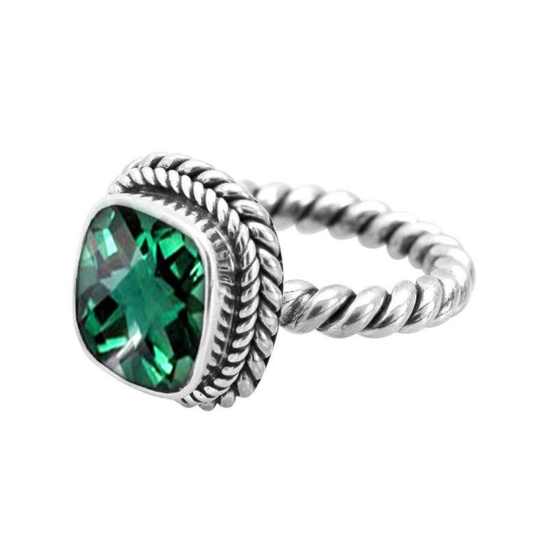Sterling Silver Rope Band Ring With Green Quartz Cushion Center