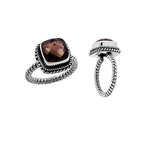 Sterling Silver Rope Band Ring With Smokey Quartz Cushion Center
