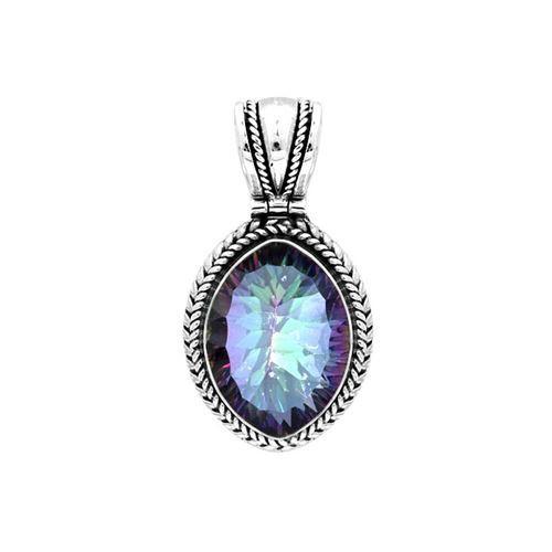 Sterling Silver Pendant With Mystic Quartz Oval Stone And Rope Frame