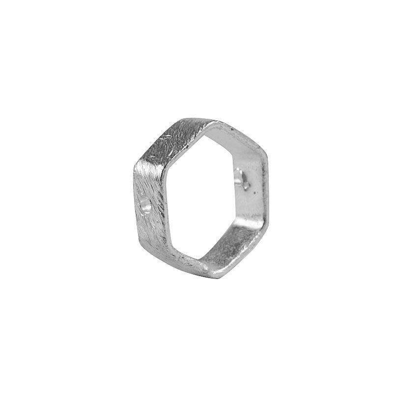 Hexagon open frame silver overlay over copper ring blank with wide band and side holes handcrafted in India for wholesale jewelry making
