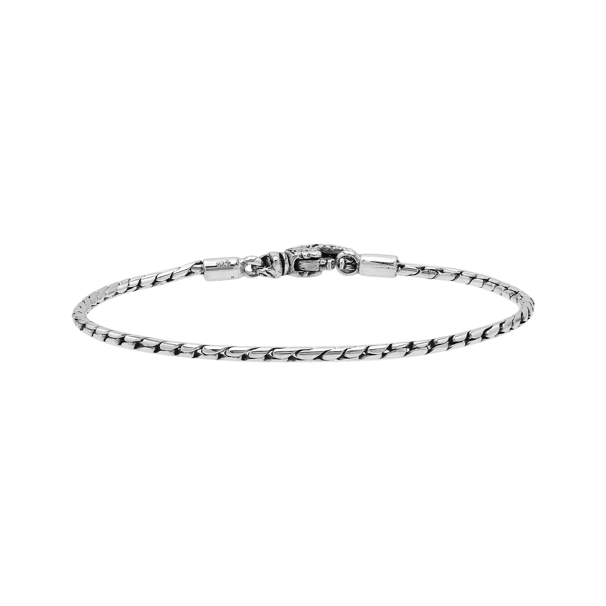 Sterling Silver Bali Handcrafted Slim Snake Chain Bracelet With Lobster Clasp And Decorative Finish.