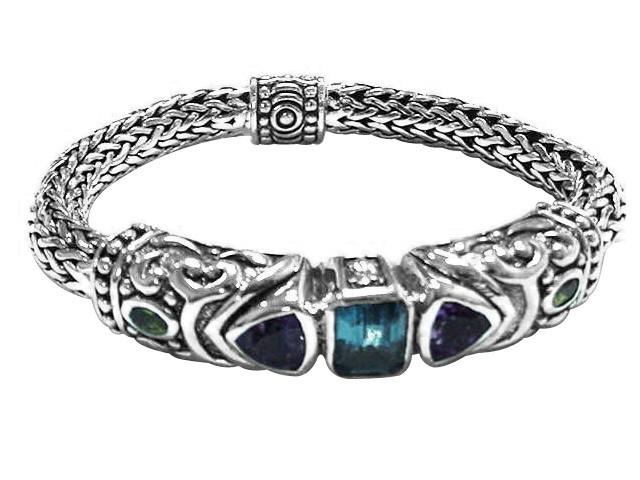 SB-0255-CO1 Sterling Silver Bracelet With Blue Topaz Q., Amethyst Q., Peridot Q. Jewelry Bali Designs Inc 