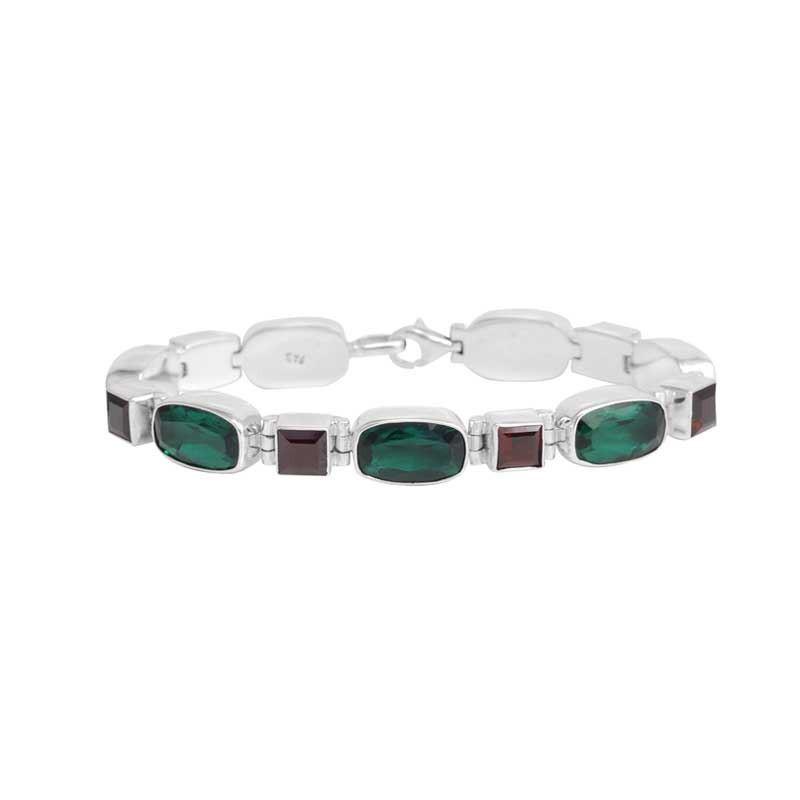 Sterling Silver Bali Handcrafted Green Quartz And Garnet Quartz Link Bracelet With Decorative Finish.