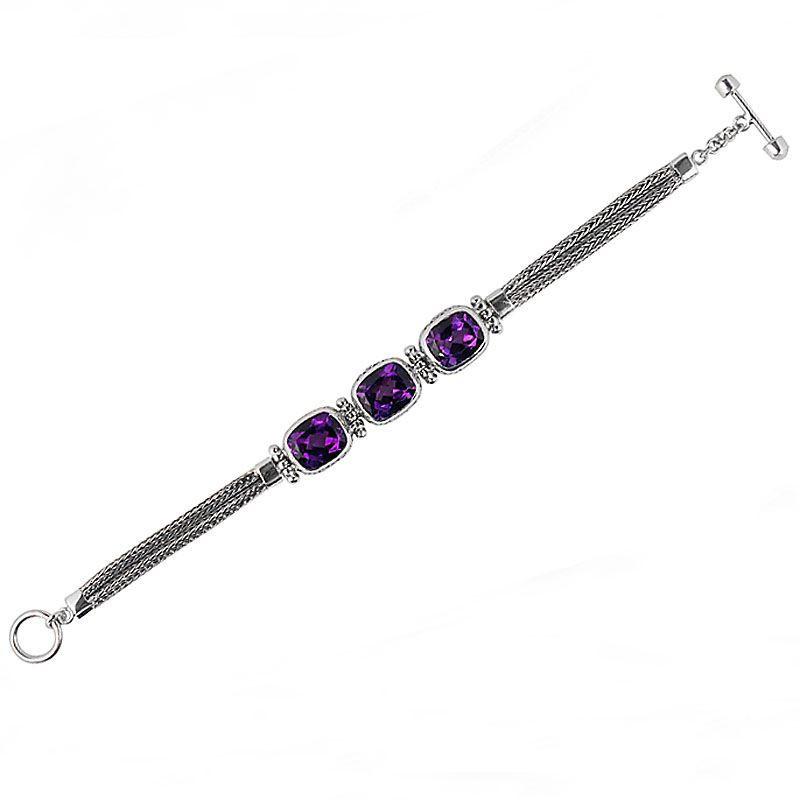 Sterling Silver Bali Handcrafted Amethyst Quartz Cushion Link Bracelet With Textured Chain And Toggle Clasp.