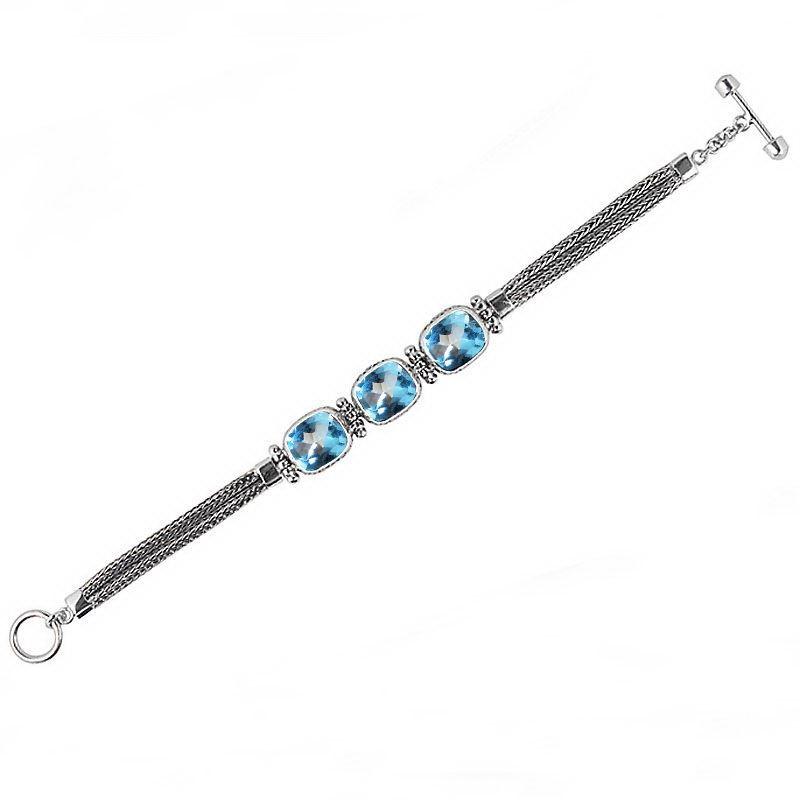 Sterling Silver Bali Handcrafted Blue Topaz Quartz Cushion Link Bracelet With Textured Chain And Toggle Clasp.