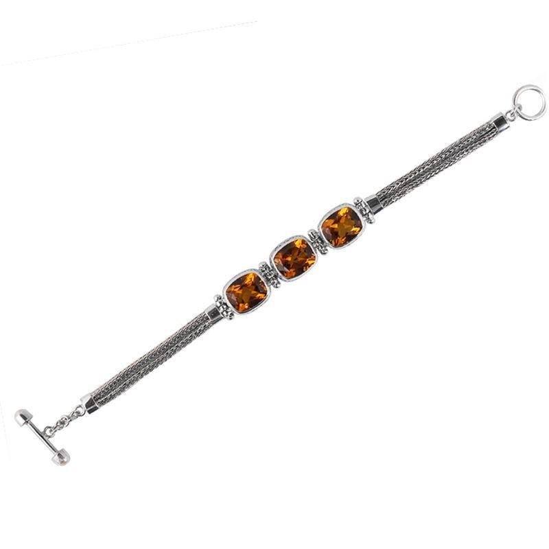 Sterling Silver Bali Handcrafted Citrine Quartz Cushion Link Bracelet With Textured Chain And Toggle Clasp.