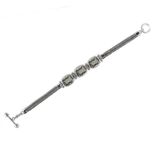 Sterling Silver Bali Handcrafted Green Amethyst Quartz Cushion Link Bracelet With Textured Chain And Toggle Clasp.