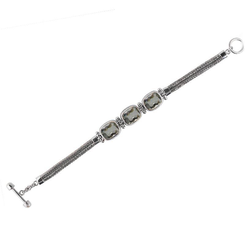 Sterling Silver Bali Handcrafted Green Amethyst Quartz Cushion Link Bracelet With Textured Chain And Toggle Clasp.