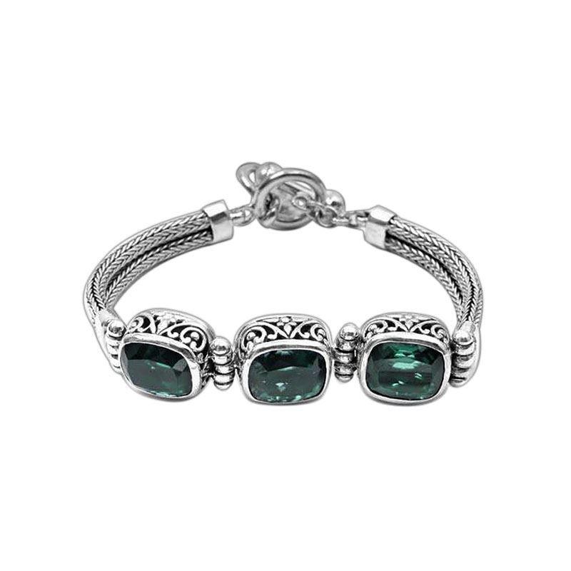 Sterling Silver Bali Handcrafted Green Quartz Triple Cushion Bracelet With Filigree And Woven Chain.
