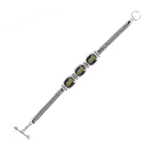 Sterling Silver Bali Mystic Quartz Cushion Link Bracelet With Woven Chain And Toggle Clasp.