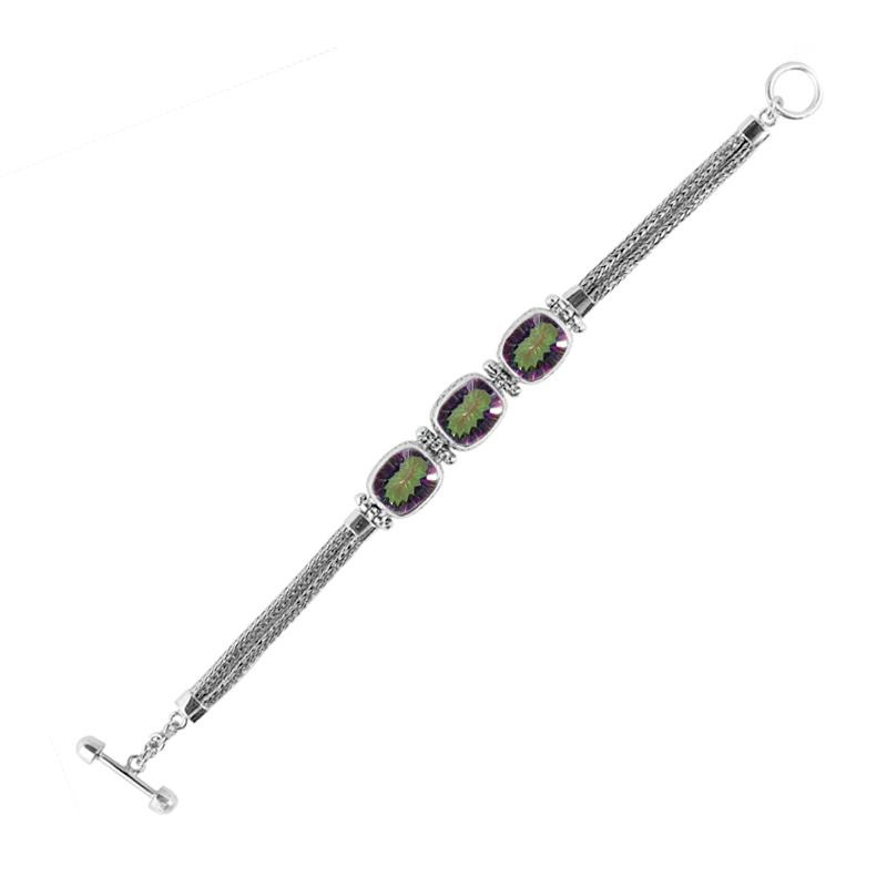 Sterling Silver Bali Mystic Quartz Cushion Link Bracelet With Woven Chain And Toggle Clasp.