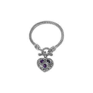 Sterling Silver Bali Amethyst Quartz Heart Charm Bracelet With Rope Chain And Toggle Clasp.