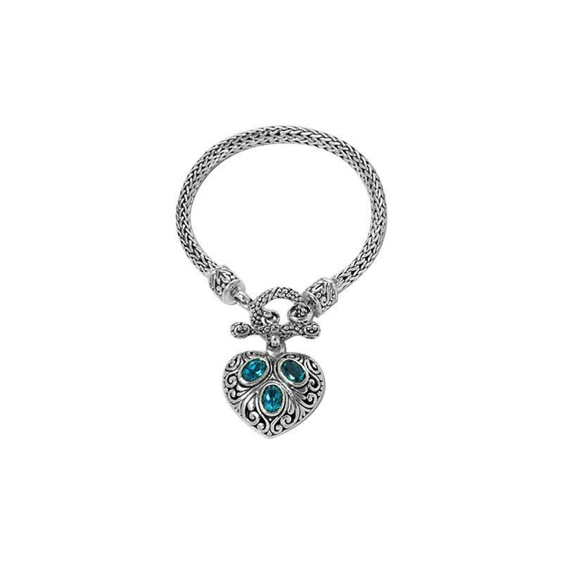 Wholesale Sterling Silver Woven Bracelet With Blue Topaz Quartz Heart Medallion