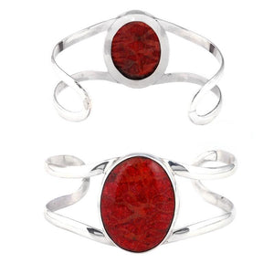Wholesale Sterling Silver Cuff Bracelet With Oval Red Coral Centerpiece