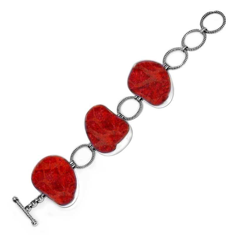 Wholesale Sterling Silver Bracelet With Organic Red Coral Link Design