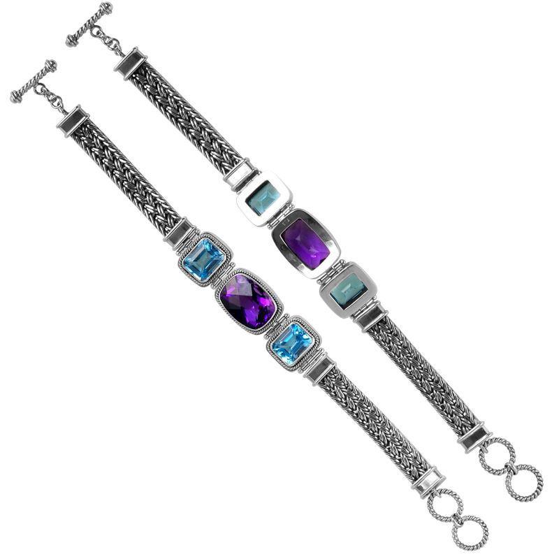 Wholesale Sterling Silver Bracelet With Amethyst Quartz, Blue Topaz Quartz, And Swiss Blue Quartz Multi-Stone Design