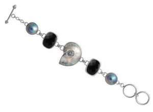 Wholesale Sterling Silver Bracelet With Black Onyx, Gray Mabe Pearl, And Shell Nautilus Centerpiece