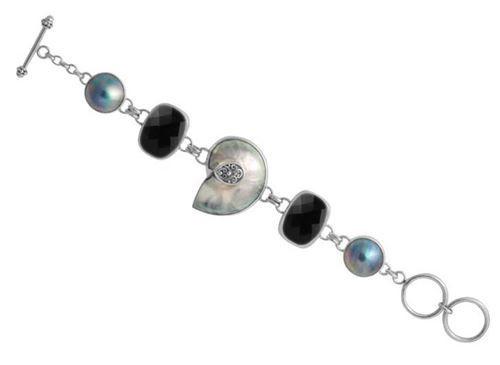 Wholesale Sterling Silver Bracelet With Black Onyx, Gray Mabe Pearl, And Shell Nautilus Centerpiece