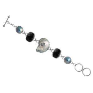 Wholesale Sterling Silver Bracelet With Black Onyx, Gray Mabe Pearl, And Shell Nautilus Centerpiece