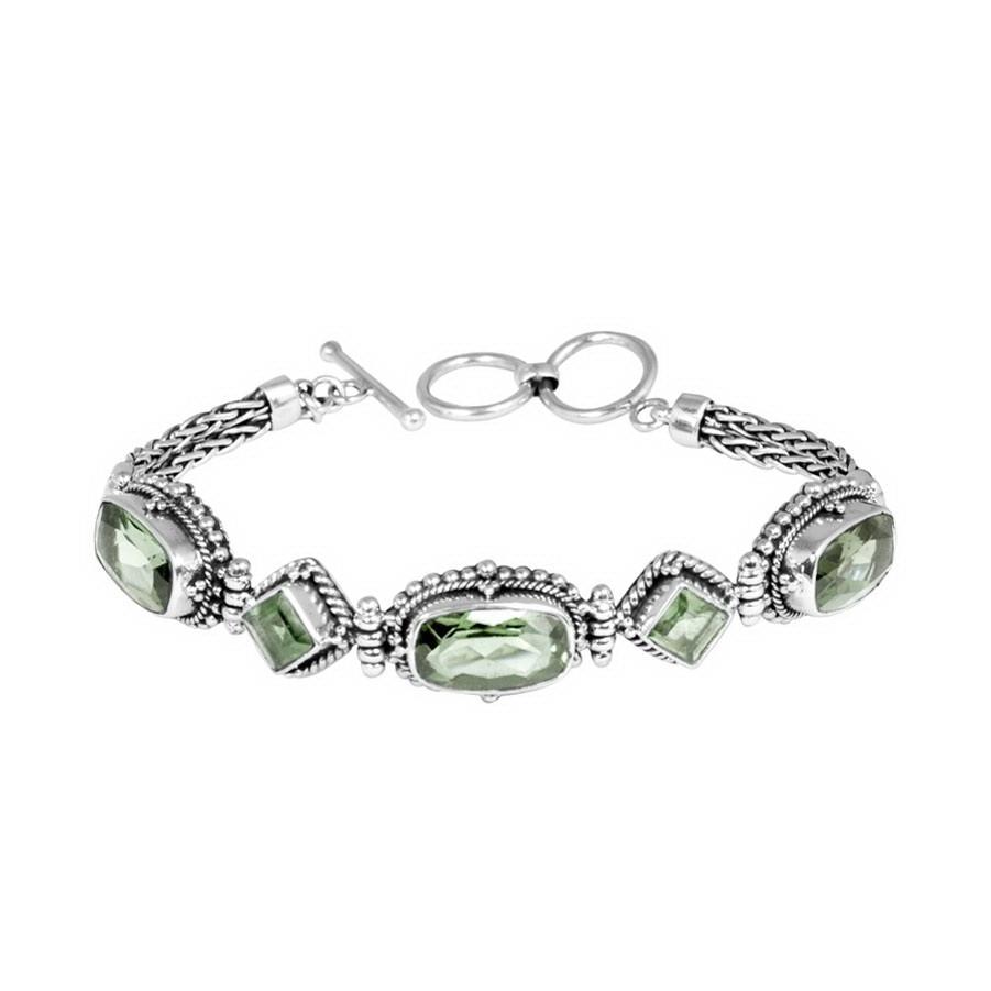 Wholesale Sterling Silver Bracelet With Green Amethyst Quartz Multi-Shape Stones