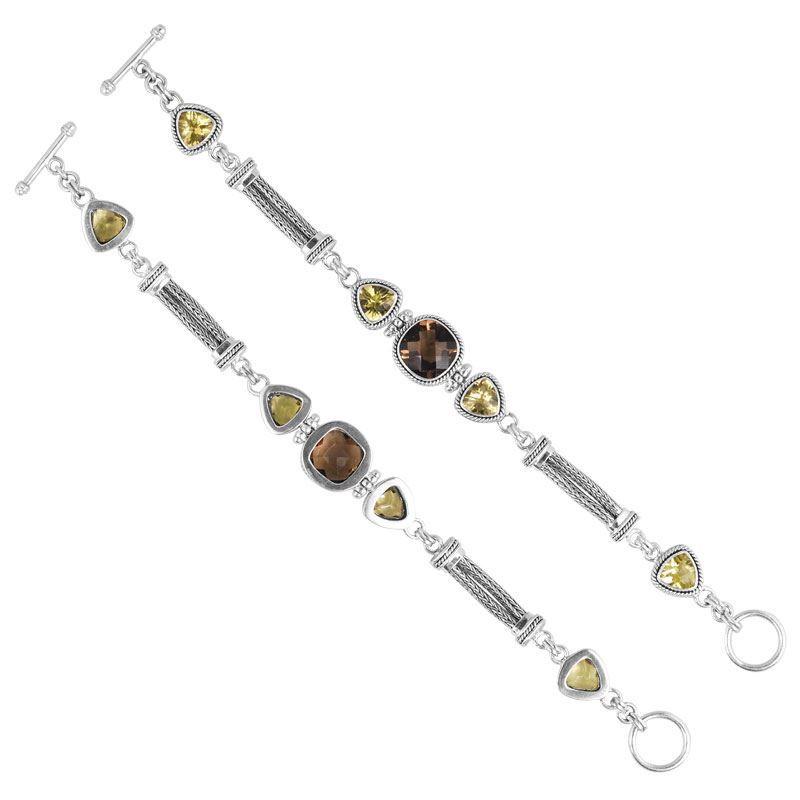 Sterling Silver Bracelet With Lemon Quartz And Smokey Quartz Stones Set In Cushion And Trillium Shapes With Textured Cylinders