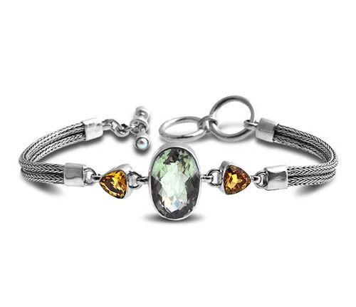 Sterling Silver Bracelet With Green Amethyst And Citrine Quartz Stones Set In Oval And Trillion Shapes With Woven Silver Bands