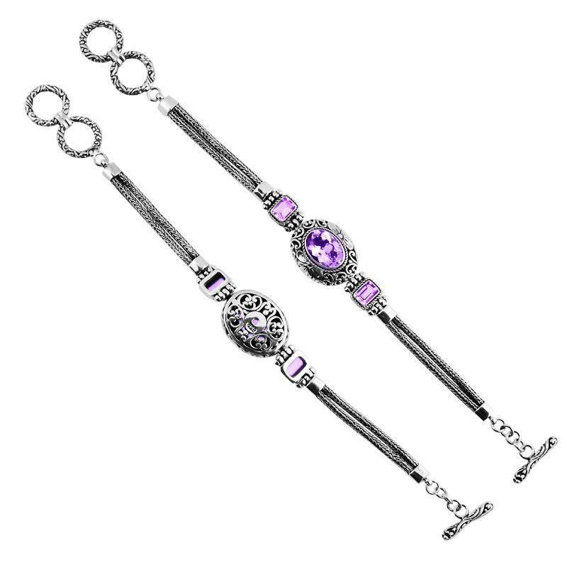 Sterling Silver Bracelet With Amethyst Quartz Stones In Oval And Emerald-Cut Shapes With Ornate Scrollwork And Woven Links