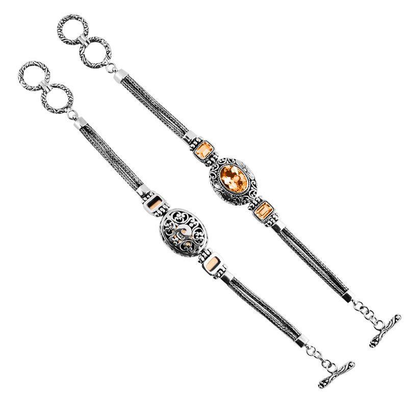 Sterling Silver Bracelet With Citrine Quartz Stones In Oval And Emerald-Cut Shapes With Ornate Scrollwork And Woven Links