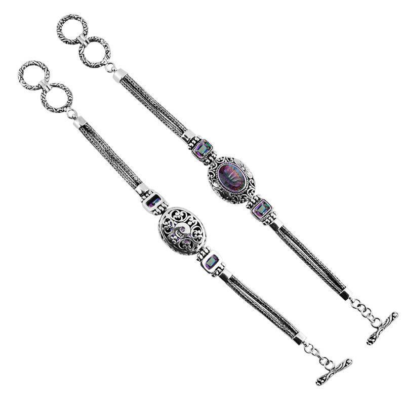 Sterling Silver Bracelet With Mystic Quartz Stones In Oval And Emerald-Cut Shapes With Ornate Scrollwork And Woven Links