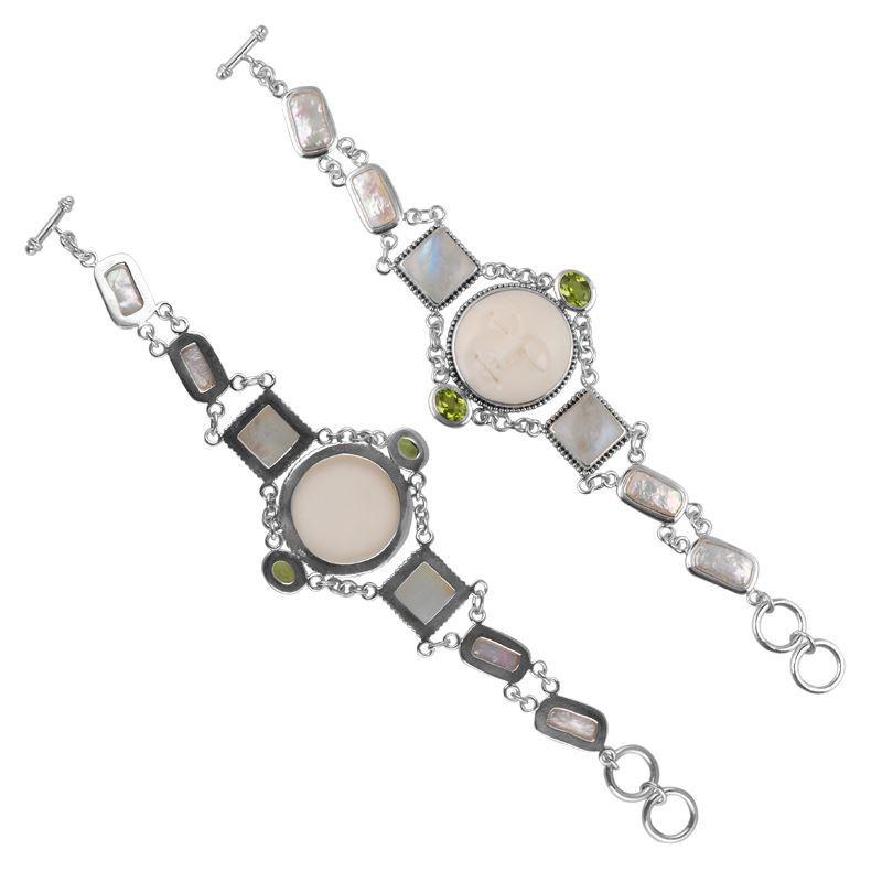 SB-1992-CO1 Sterling Silver Bracelet With Rainbow Moonstone, Peridot Q., Bewa Pearl, Bone Face Jewelry Bali Designs Inc 