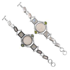 SB-1992-CO1 Sterling Silver Bracelet With Rainbow Moonstone, Peridot Q., Bewa Pearl, Bone Face Jewelry Bali Designs Inc 