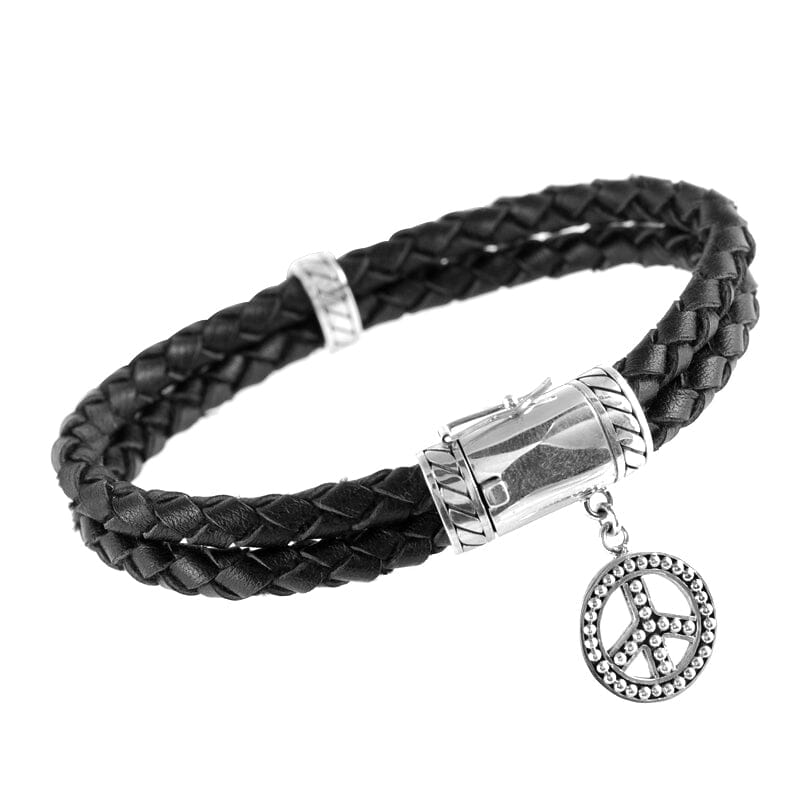 Sterling Silver And Black Leather Double-Braided Bracelet With Hanging Charm And Polished Clasp