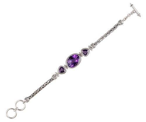 Sterling Silver Bracelet With Amethyst Quartz Oval And Trillion Stones With Woven Chain Links
