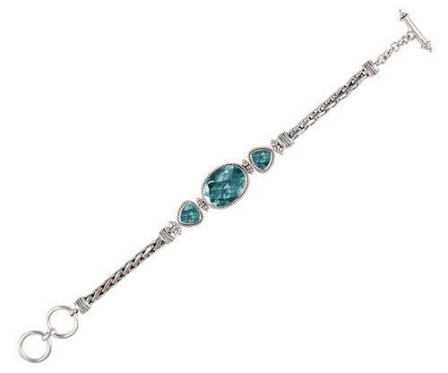 Sterling Silver Bracelet With Blue Topaz Quartz Oval And Trillion Stones With Woven Chain Links