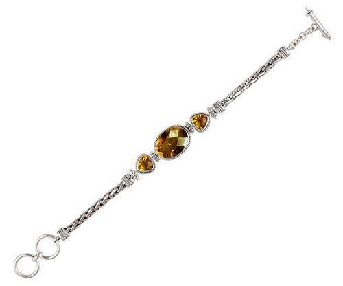 Sterling Silver Bracelet With Citrine Quartz Oval And Trillion Stones With Woven Chain Links