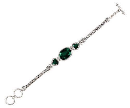 Sterling Silver Bracelet With Green Quartz Oval And Trillion Stones With Woven Chain Links
