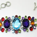 Sterling Silver Multistone Bracelet With Blue Topaz Quartz, Amethyst Quartz, Citrine Quartz, Garnet Quartz, Peridot Quartz And Rainbow Moonstone Quartz In Ornate Panel Design