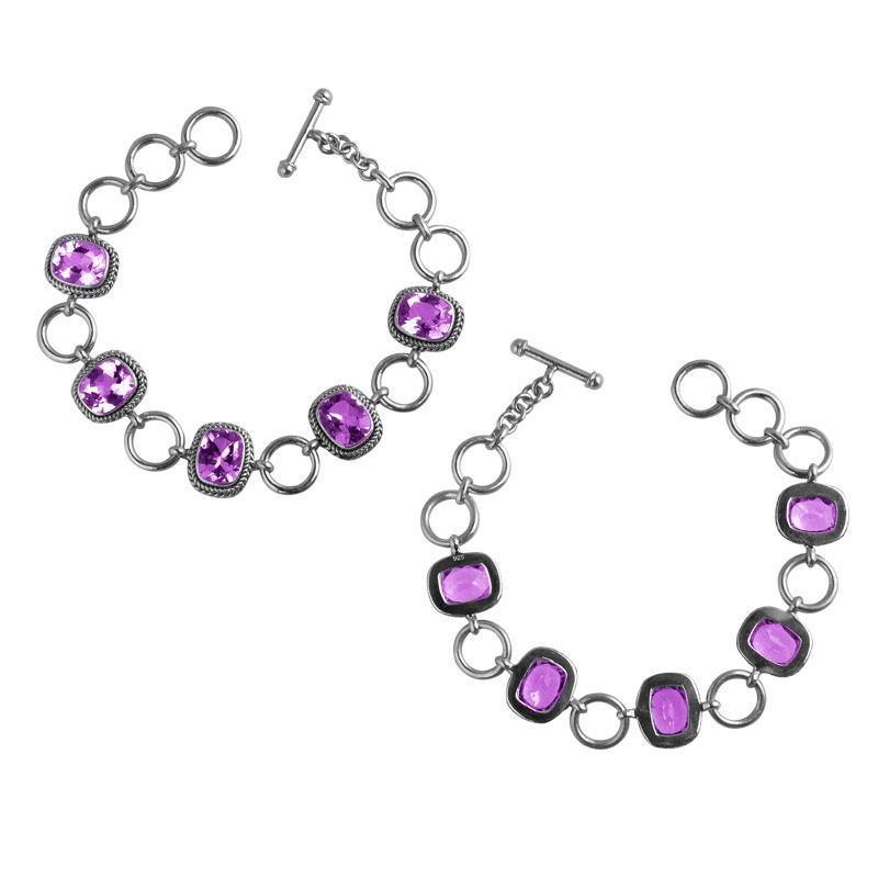 Sterling Silver Bracelet With Cushion-Cut Amethyst Quartz Stones Linked With Silver Rings