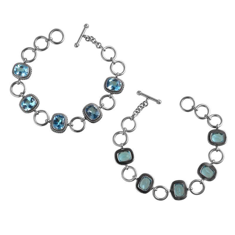 Sterling Silver Bracelet With Cushion-Cut Blue Topaz Quartz Stones Linked With Silver Rings